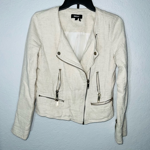 DKNY Linen Blend Moto Jacket w Wide Lapels Asymmetric Zip Front Size XS - Picture 3 of 10